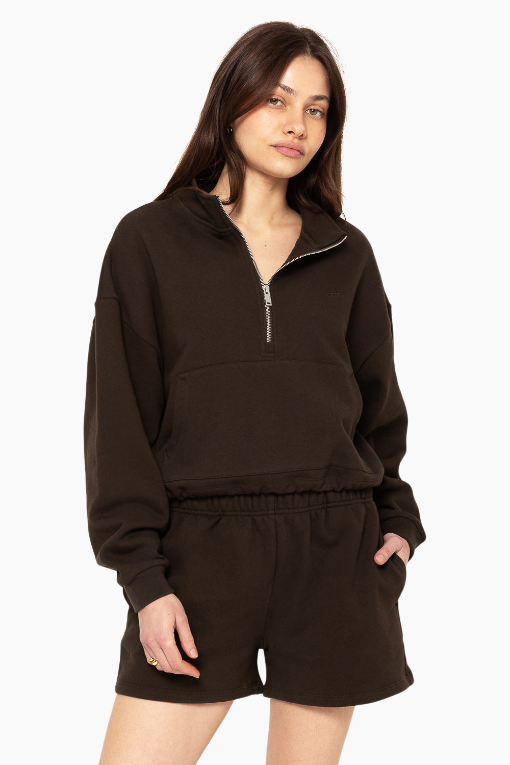 SET™ EMBROIDERED HEAVYWEIGHT SWEATS HALF ZIP IN ESPRESSO